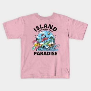 Island Paradise Flamingo Surfing Beach Kids T-Shirt